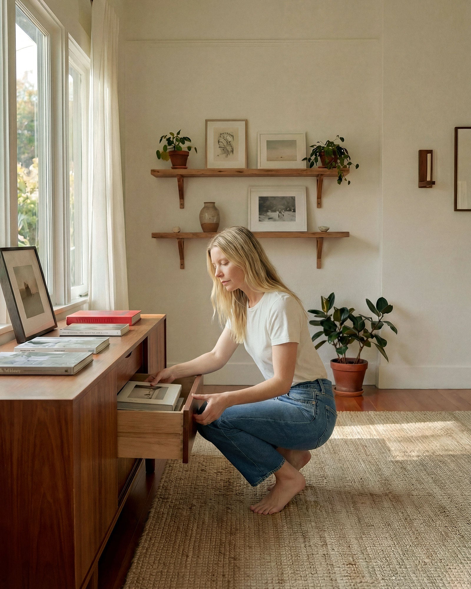 Woman wearing high-quality relaxed & boyfriend jeans for women made in USA with white tank top on dark background