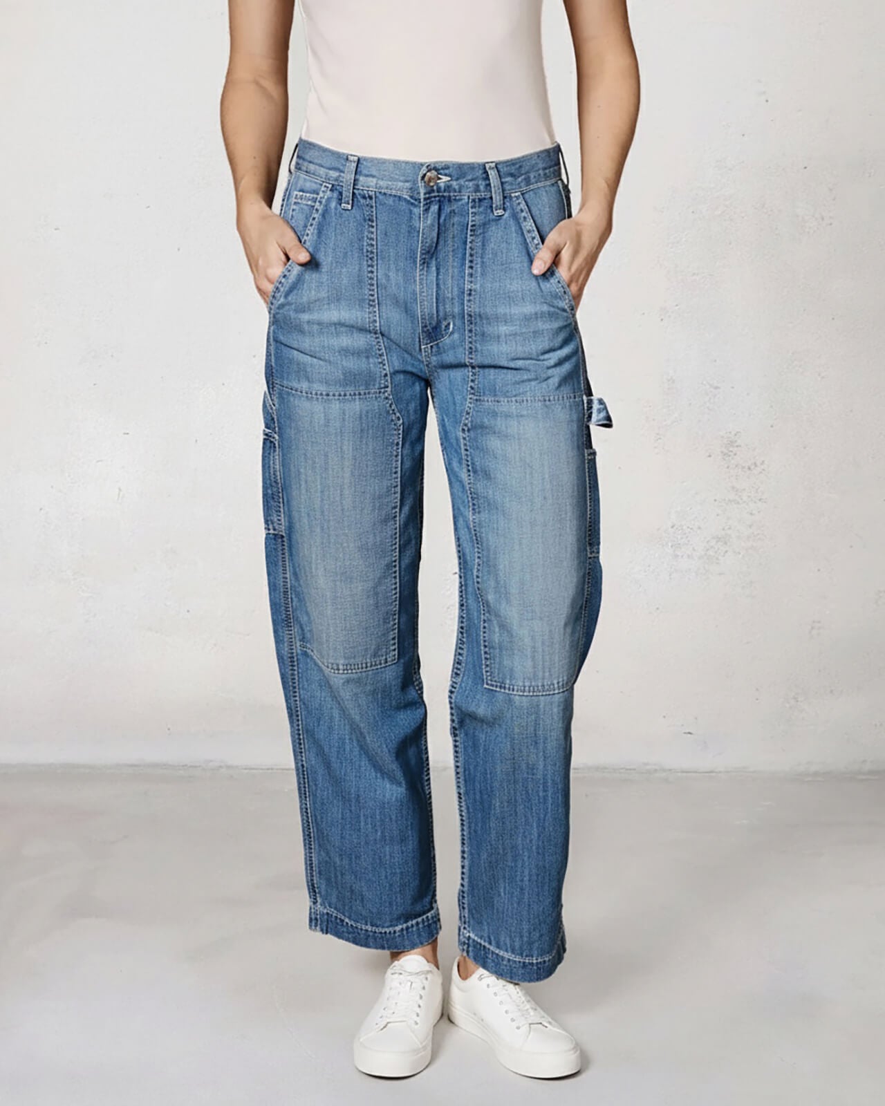 Shop the Bailee utility pant for women at EDWIN USA, featuring versatile denim with functional pockets and a relaxed fit for everyday style.
