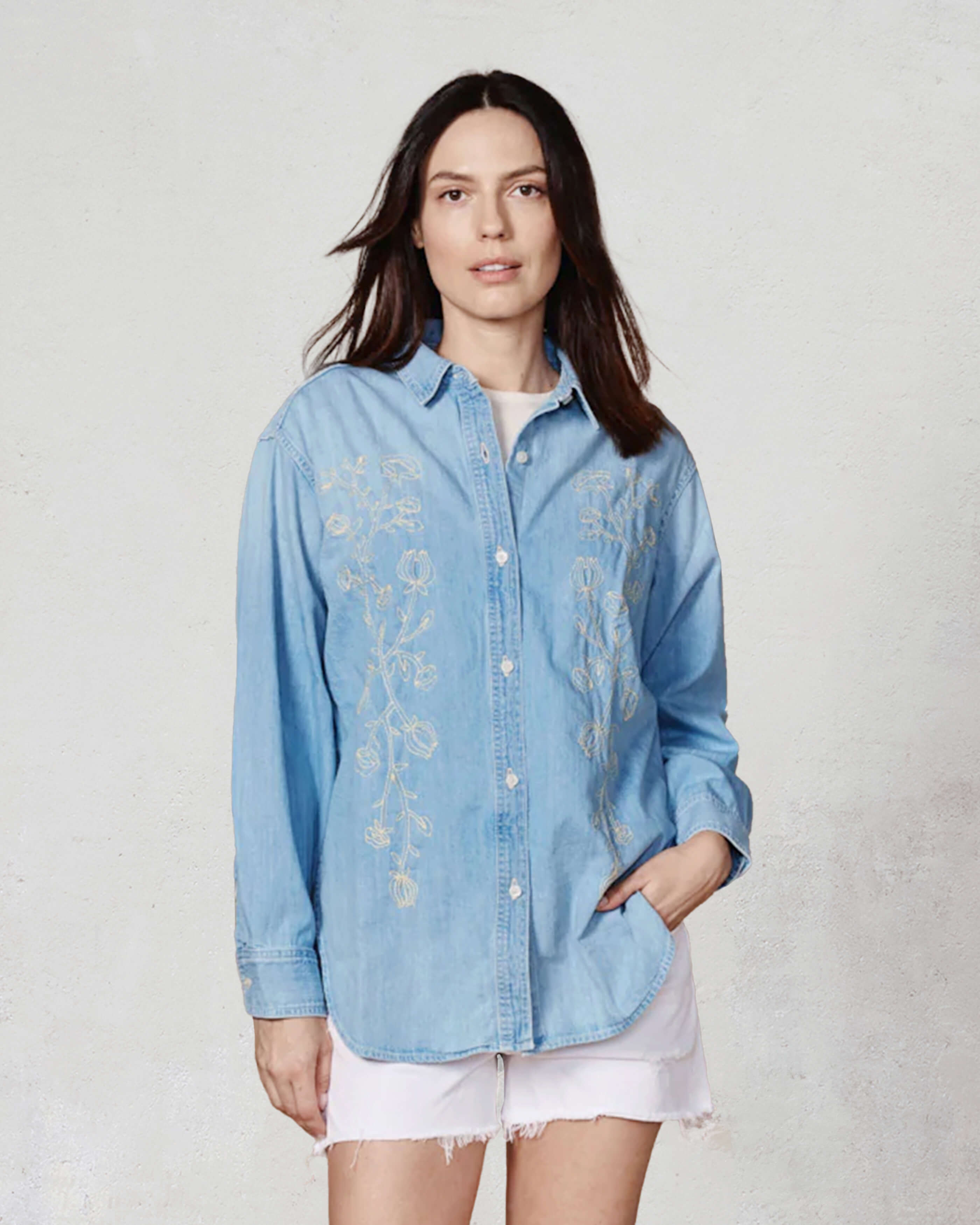Elevate your wardrobe with the Curtis embroidered denim shirt, featuring stylish western detailing and unique nature-inspired chest embroidery. Perfect for any season!