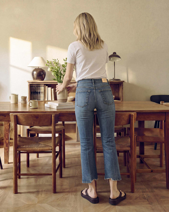 Karma cropped bootcut jeans, medium-blue denim, cropped flared hem and back yoke stitching