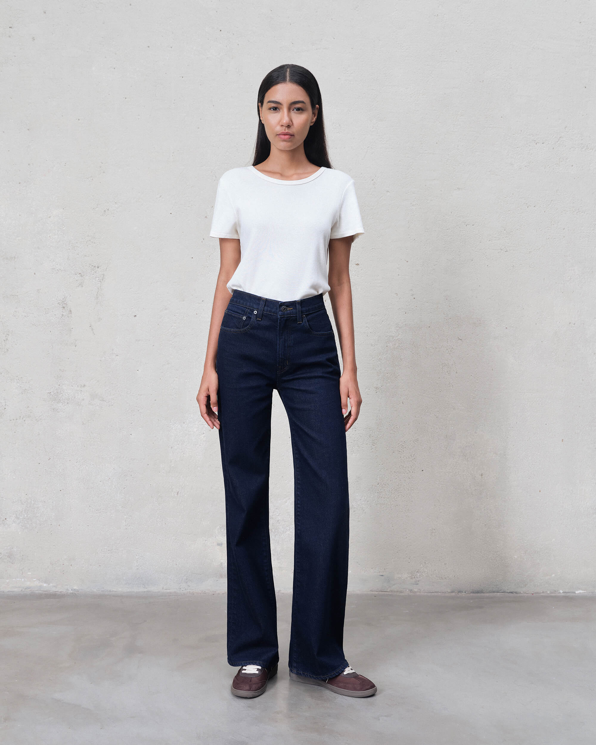 Marli Wide Leg High Rise in AGATE. Built with regenerative cotton for conscious comfort. Responsibly made in Los Angeles, offering lasting comfort with a flattering fit.