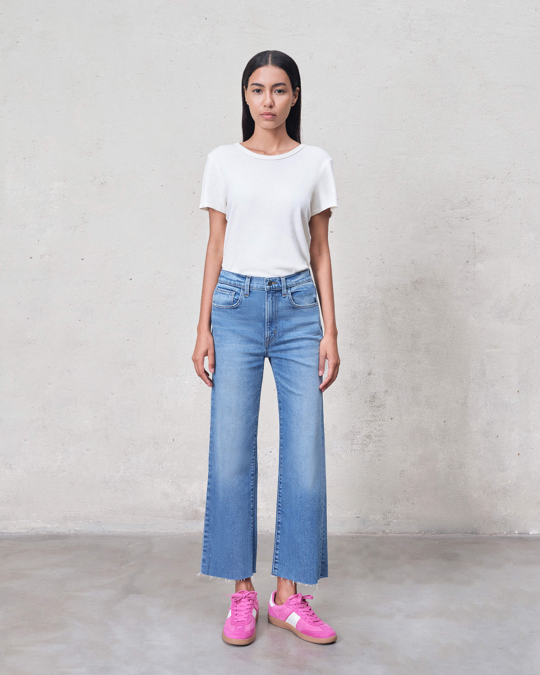 Marli Wide Leg Raw Hem High Rise in MONRAY. Responsibly made with regenerative cotton. Cut and sewn in California, offering movement-friendly and beautifully tailored.