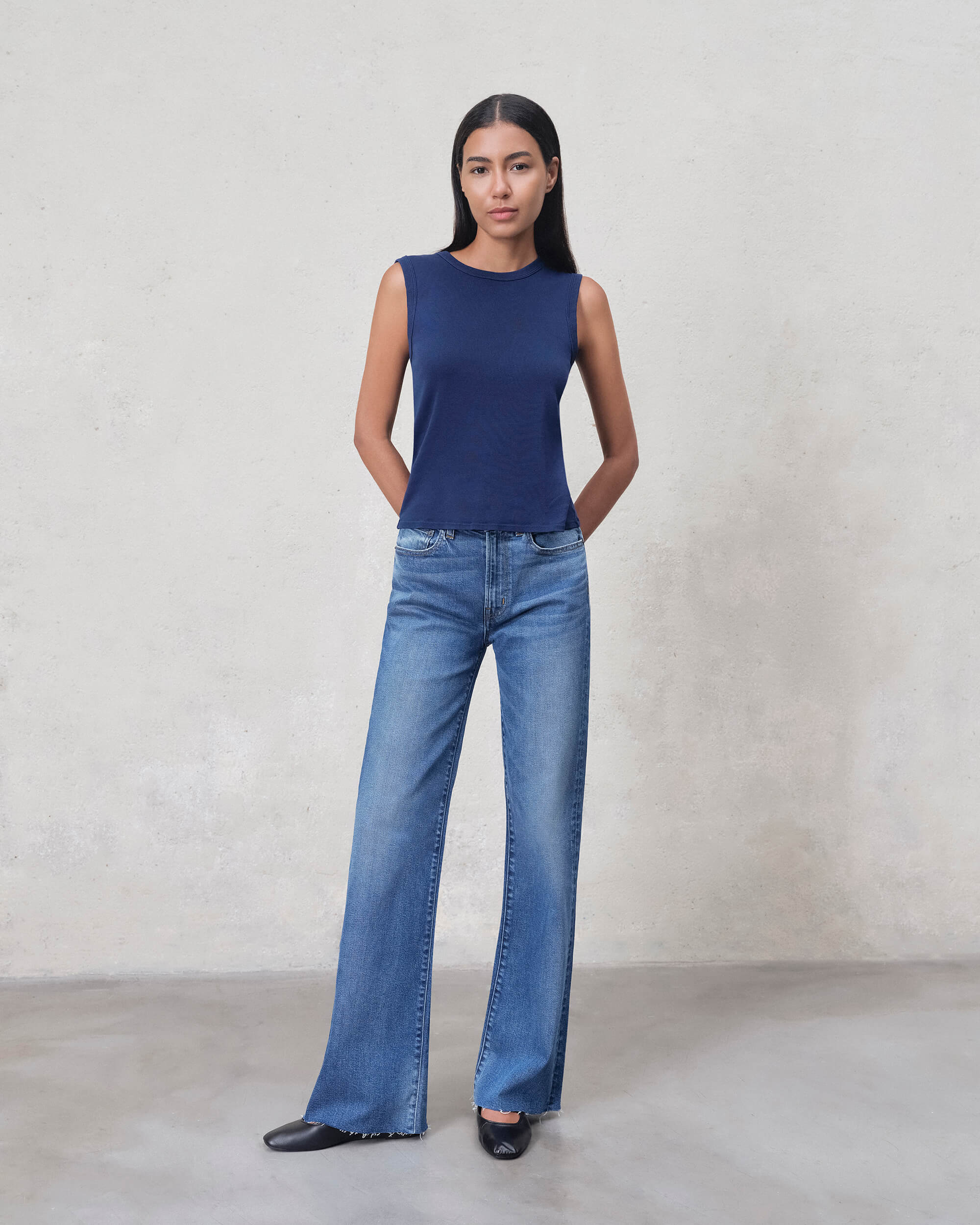 Marli Wide Leg Raw Hem High Rise in DUVAL. Crafted from regenerative cotton. Made in the USA, offering movement-friendly and beautifully tailored.