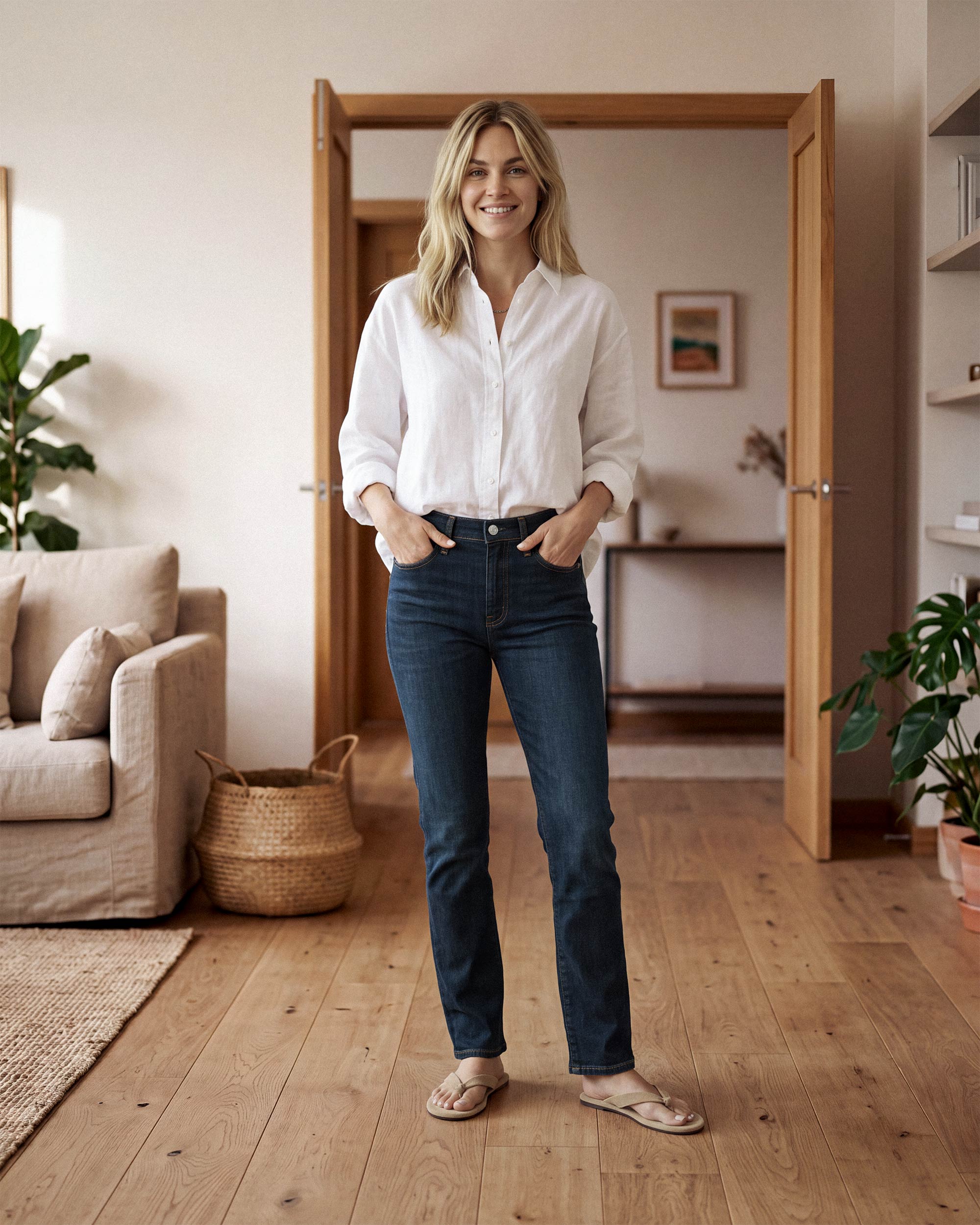 The ELIN is a mid-rise women's jean with a straight leg. It sits just below the waist and its relaxed silhouette is universally flattering. In a clean, dark indigo wash with natural whisker pattern.