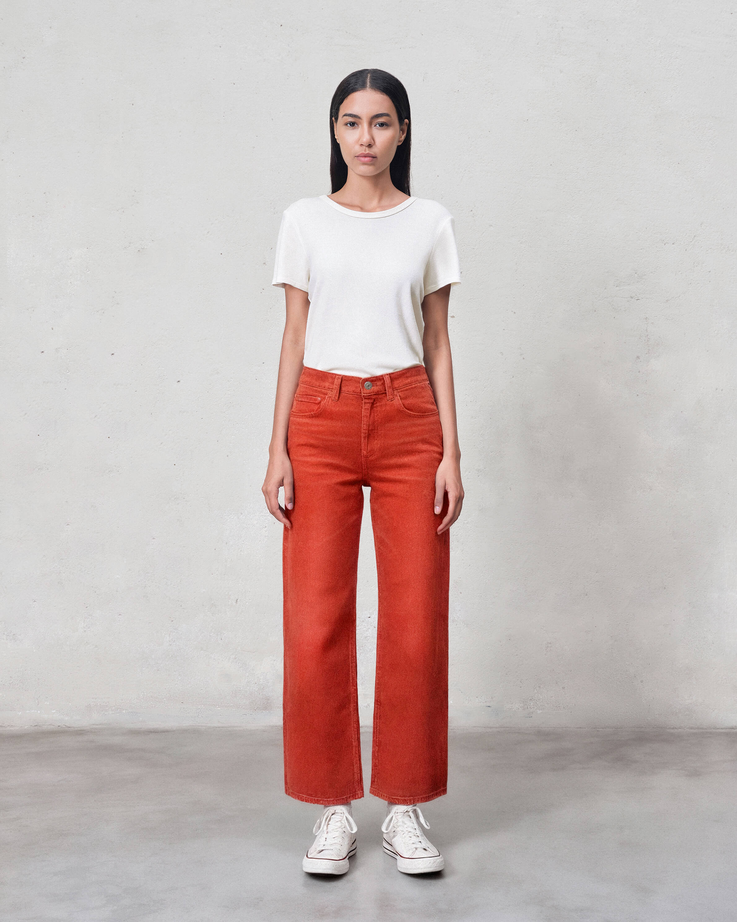 Shop EDWIN USA's Marli Wide Leg Ankle jeans in Flame Scarlet, perfect wide leg ankle jeans for women offering style, comfort, and premium quality.