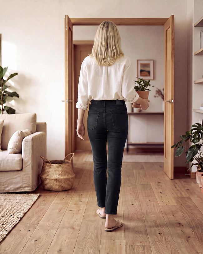 Black straight-leg jeans with rear yoke and back pockets.