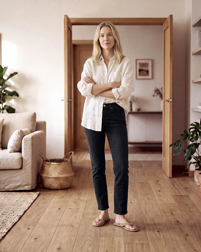 Black straight-leg jeans with high-rise fit and five-pocket styling.