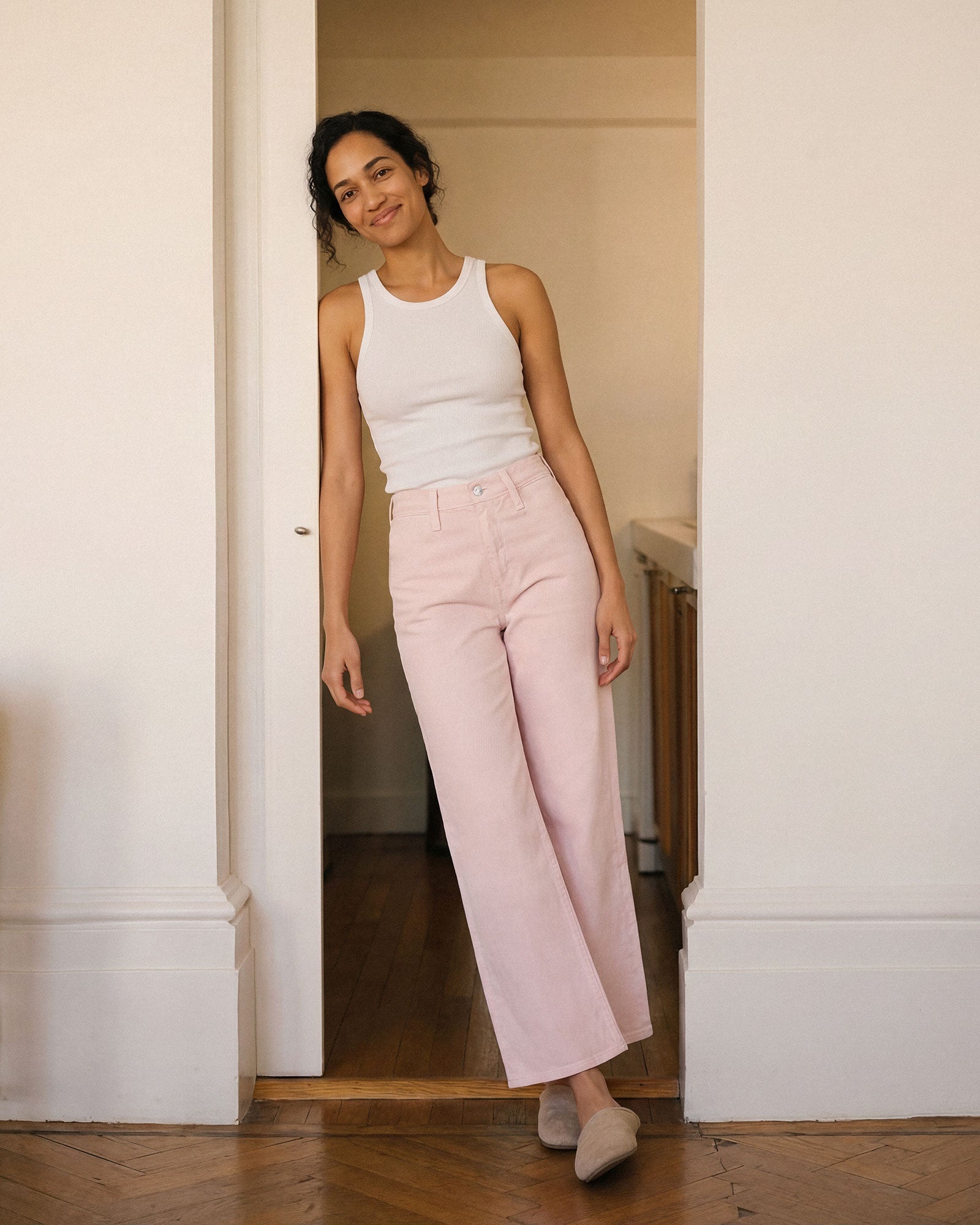 Iris Palazzo Crop in Rose. Made with low-impact regenerative cotton fabric. Made in the USA, offering lasting comfort with a flattering fit.