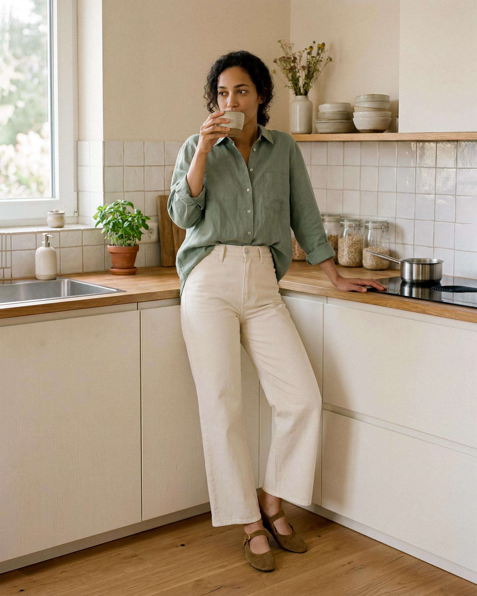 Iris Palazzo Crop in Cream. Made with low-impact regenerative cotton fabric. Made in the USA, offering lasting comfort with a flattering fit.