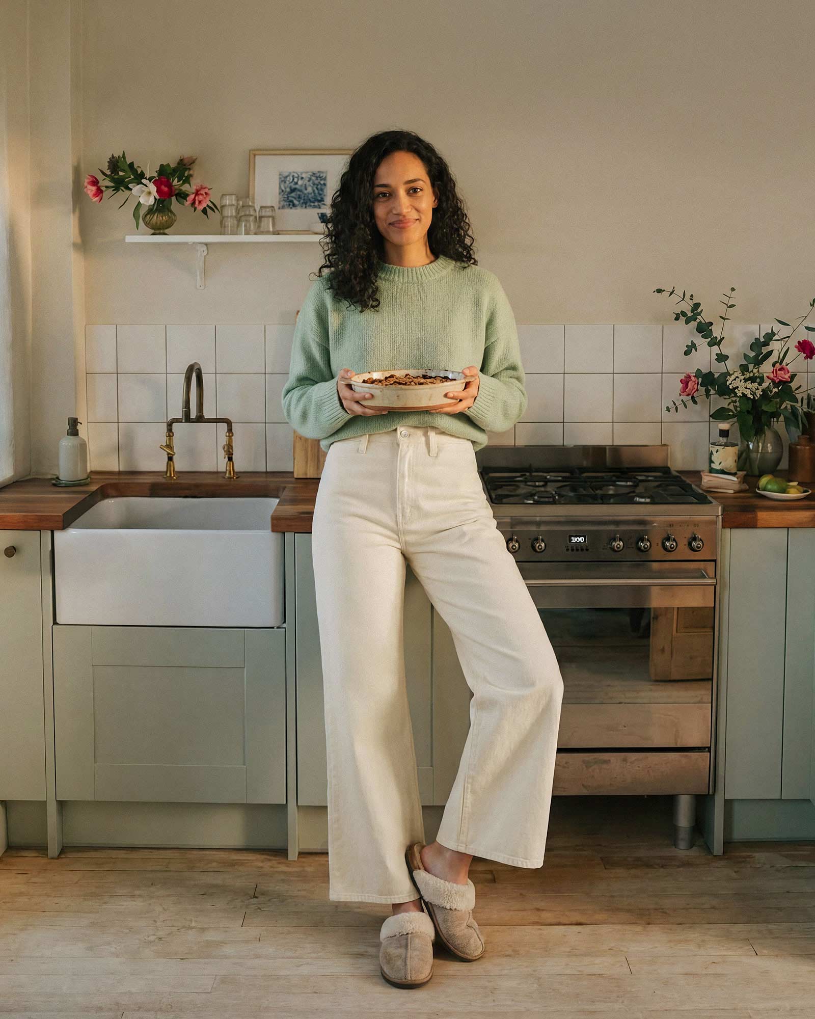 Iris Palazzo Crop in Cream. Made with low-impact regenerative cotton fabric. Made in the USA, offering lasting comfort with a flattering fit.