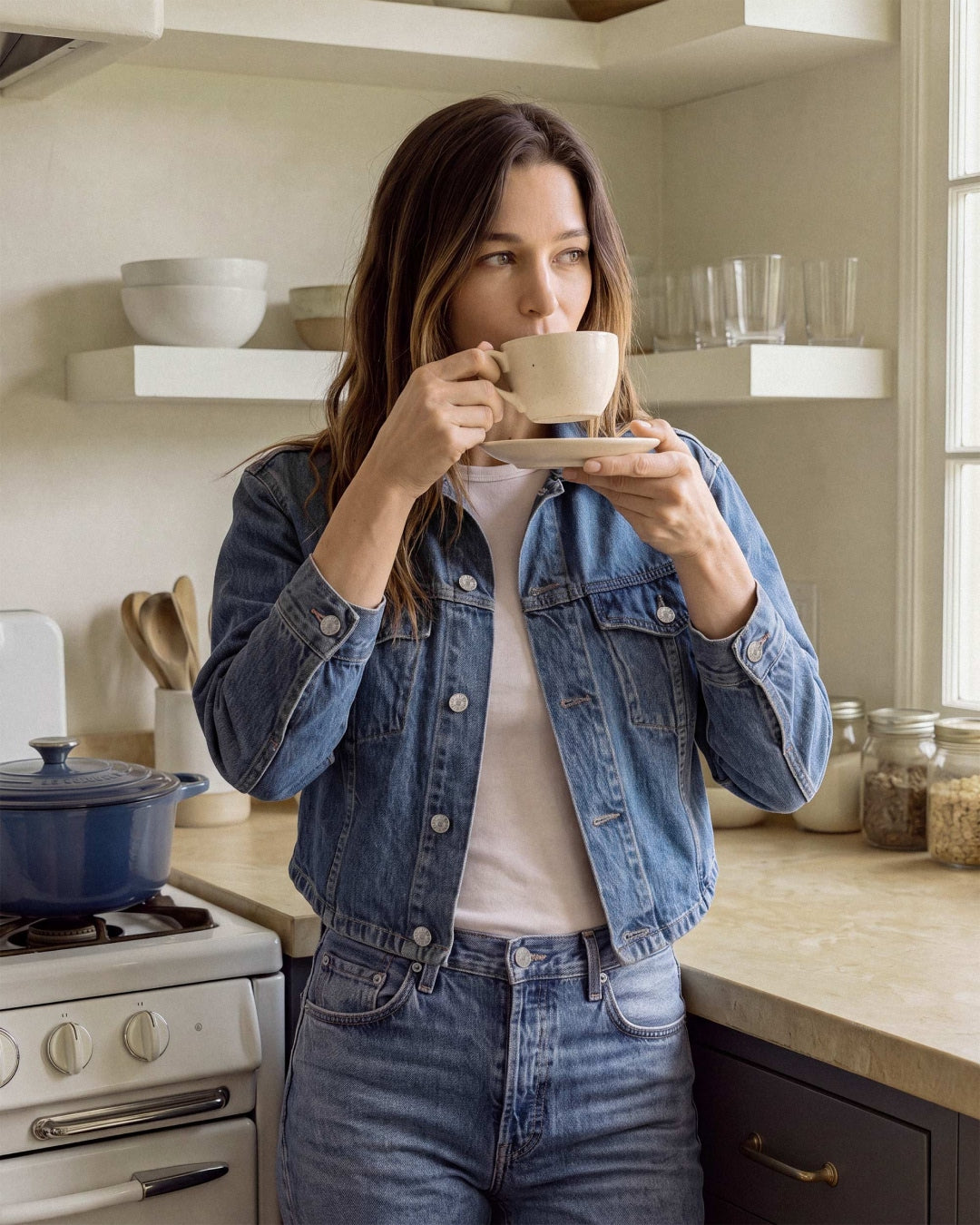 Elevate your style with the Jodi Jacket in Borderline. This heavyweight denim jacket features a cropped fit, curved hem, and classic flap pockets for a trendy look.