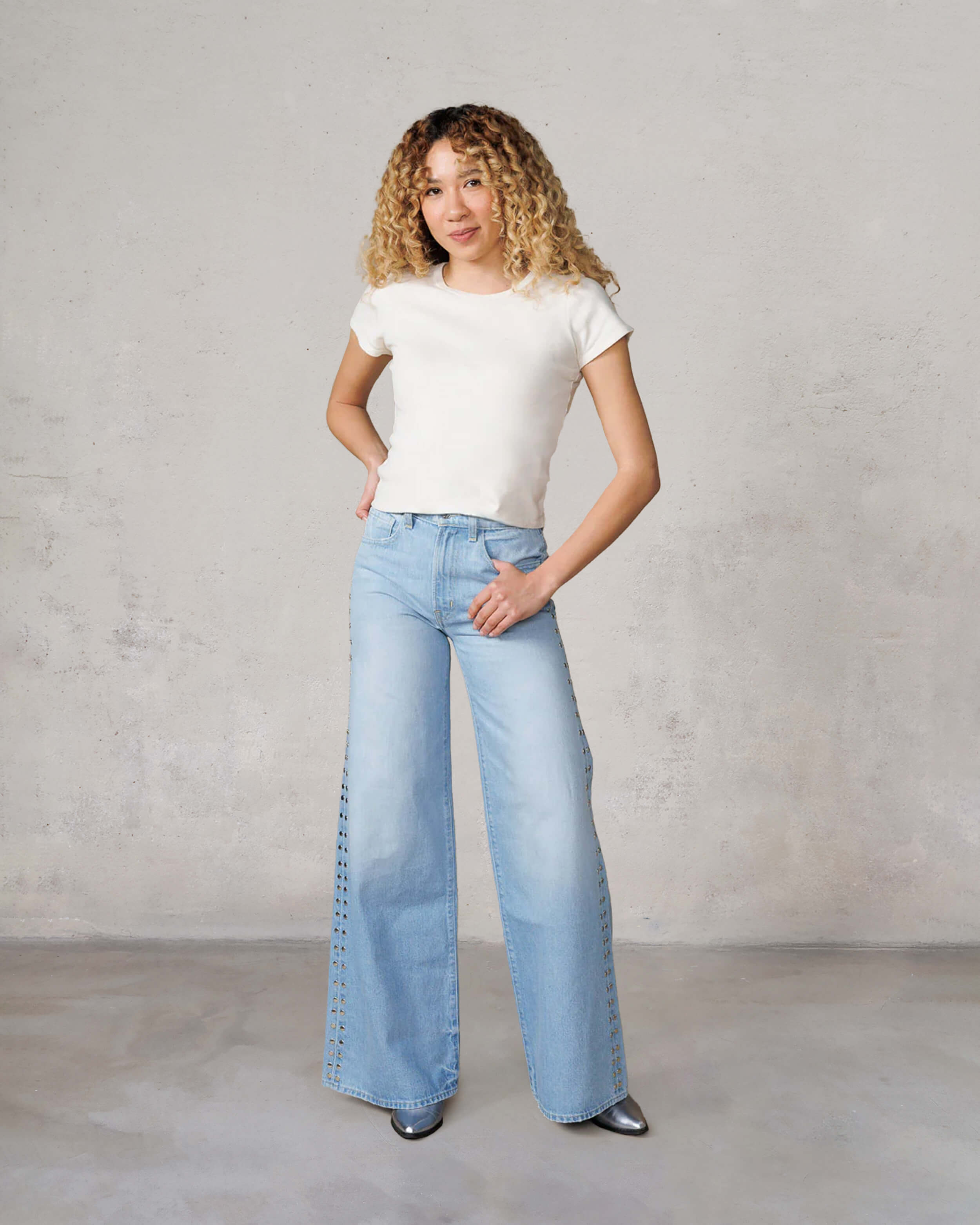 Shop EDWIN USA for Marli Super Wide Leg Juniper Stud jeans, crafted as high quality wide leg denim pants with stylish stud details for a bold look.