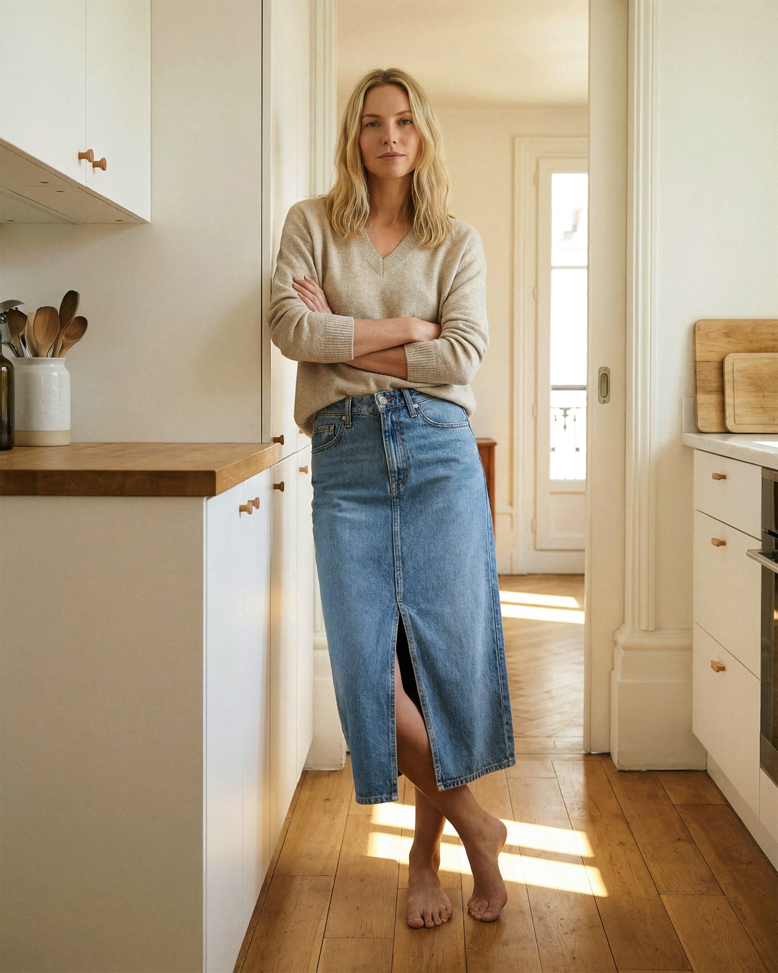 Elevate your wardrobe with the Abbey midi skirt, featuring a stylish front slit and flattering fit. Perfect for any occasion, it combines comfort and elegance.