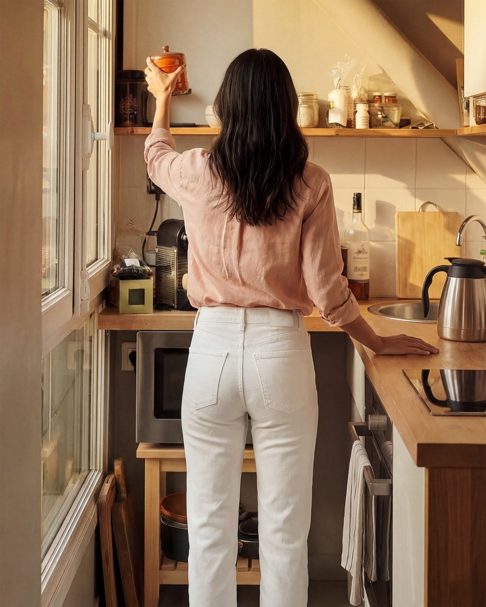 Crisp white straight leg denim inspired by the stovepipe jean trend.