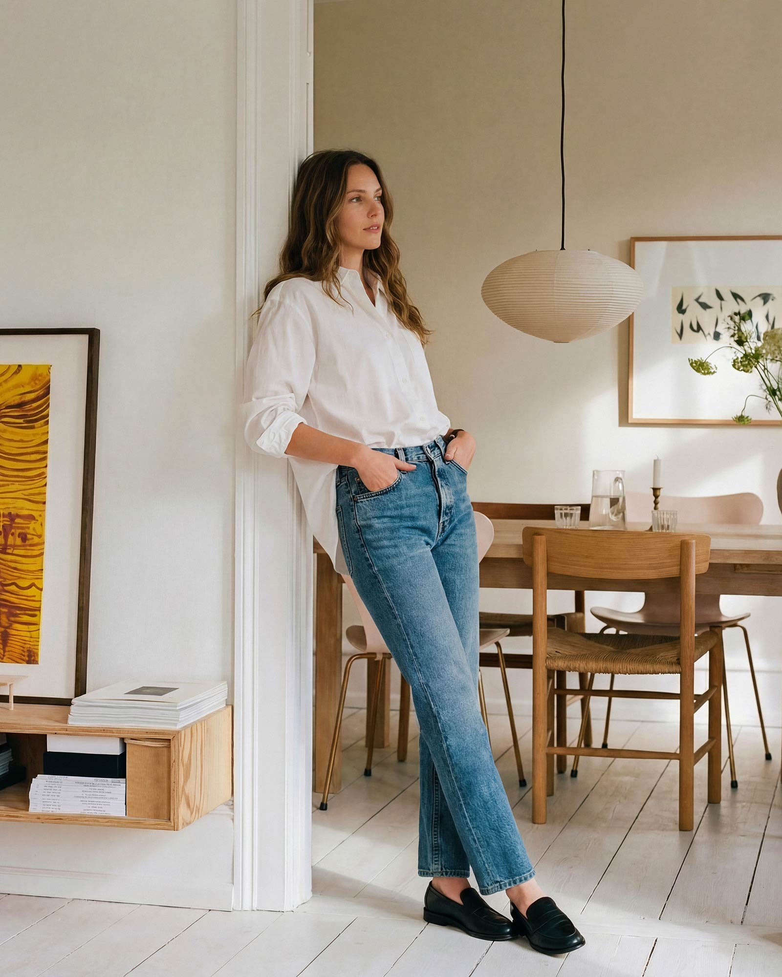 Light wash straight leg jeans with a modern stovepipe silhouette.