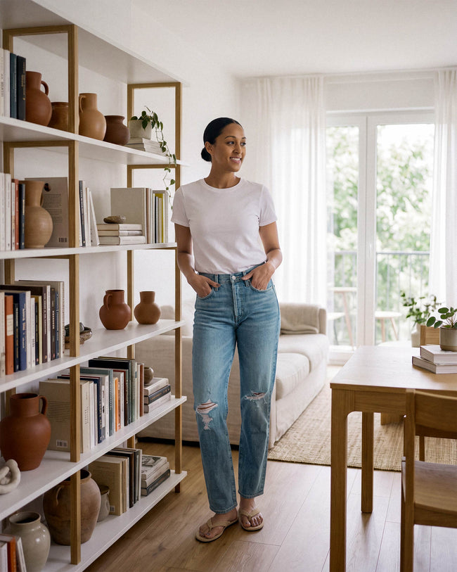 Mission Kali relaxed straight ankle jeans, light blue denim with ripped knees