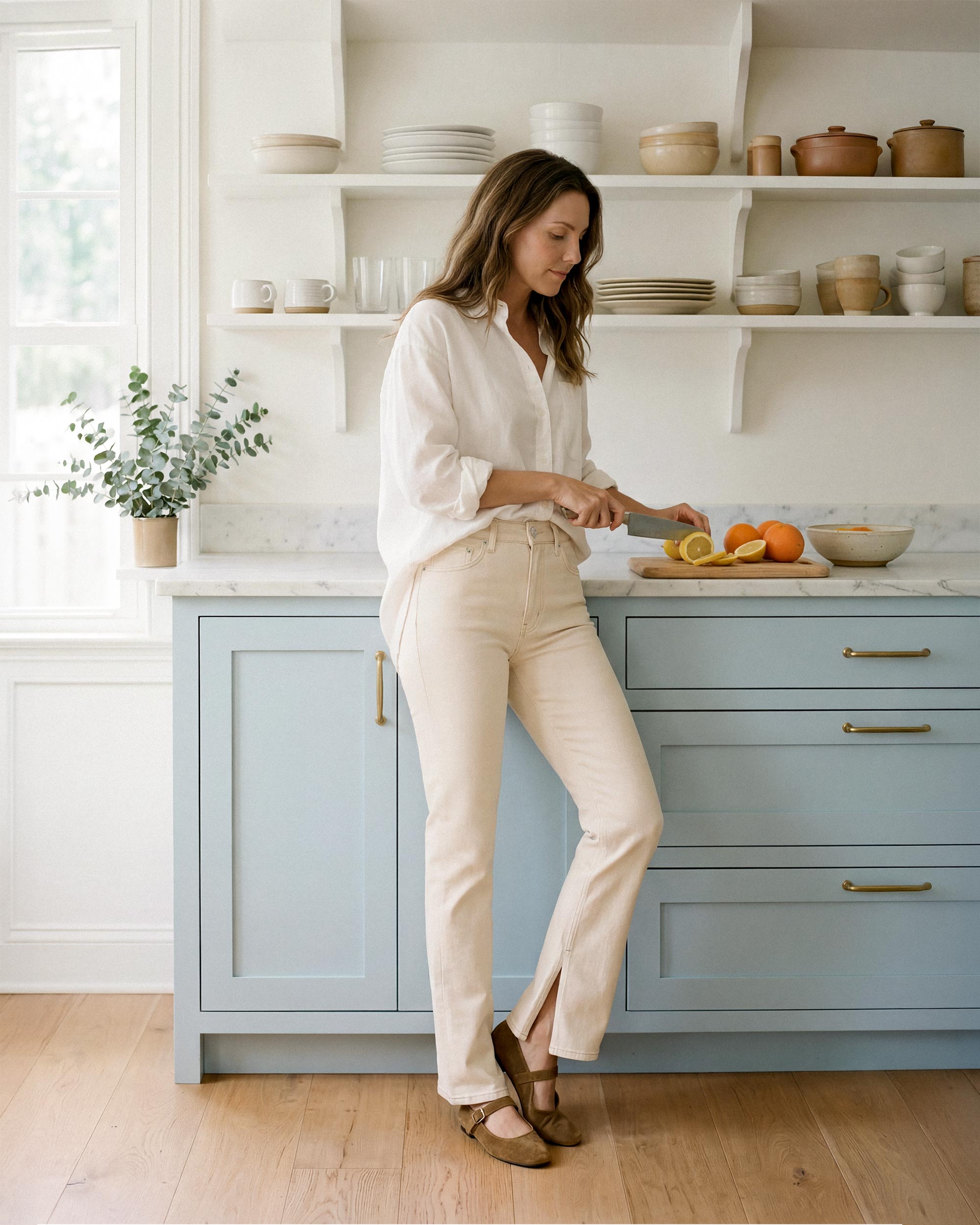 Discover the Edwin Lark Bootcut Split Inseam in Plaster, featuring a flattering fit through the hips and thighs, with a stylish break at the knee for a modern look.
