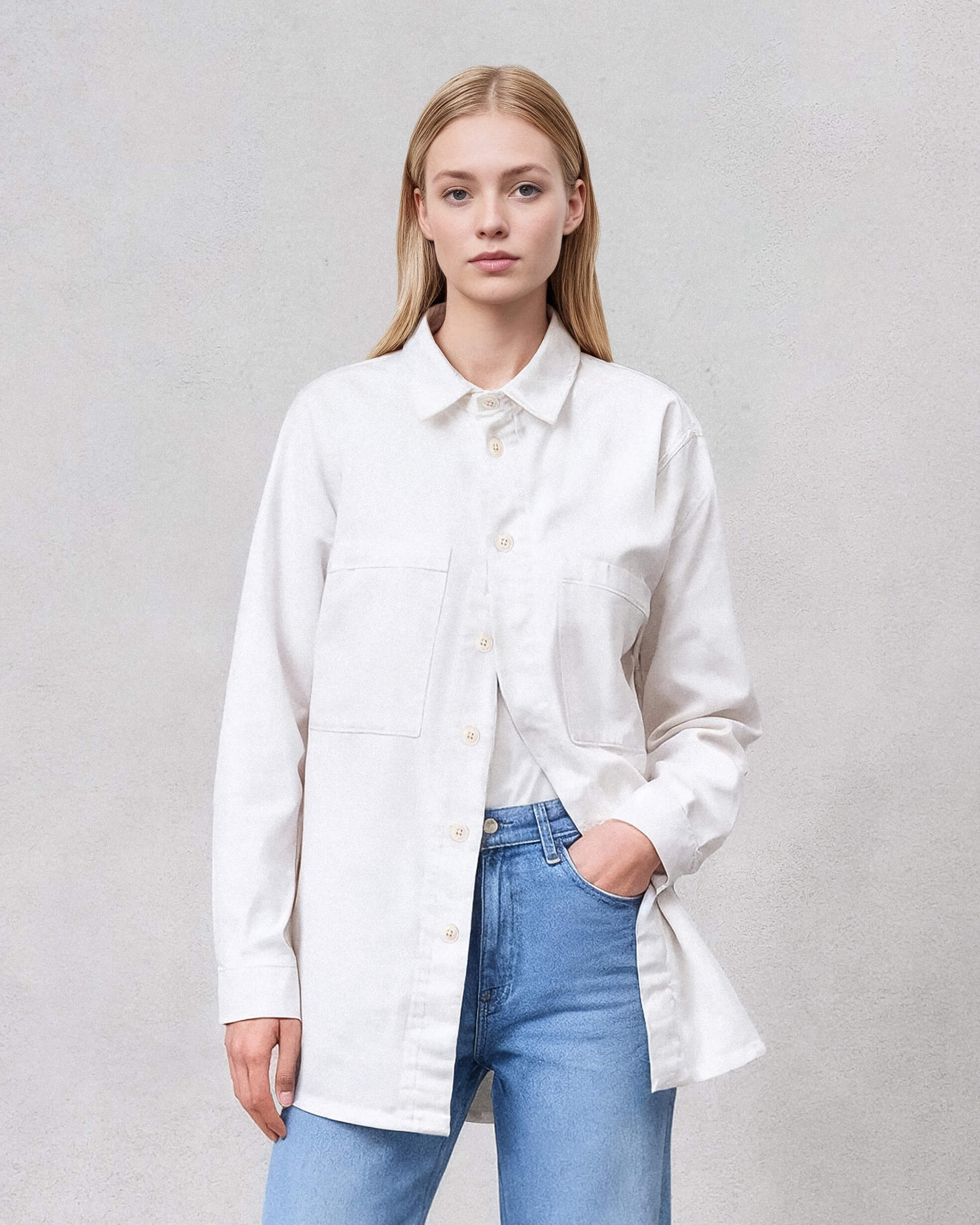 Elevate your style with the Luna Shacket in Parchment. This versatile piece combines the comfort of a shirt with the chic look of a jacket, perfect for any occasion.