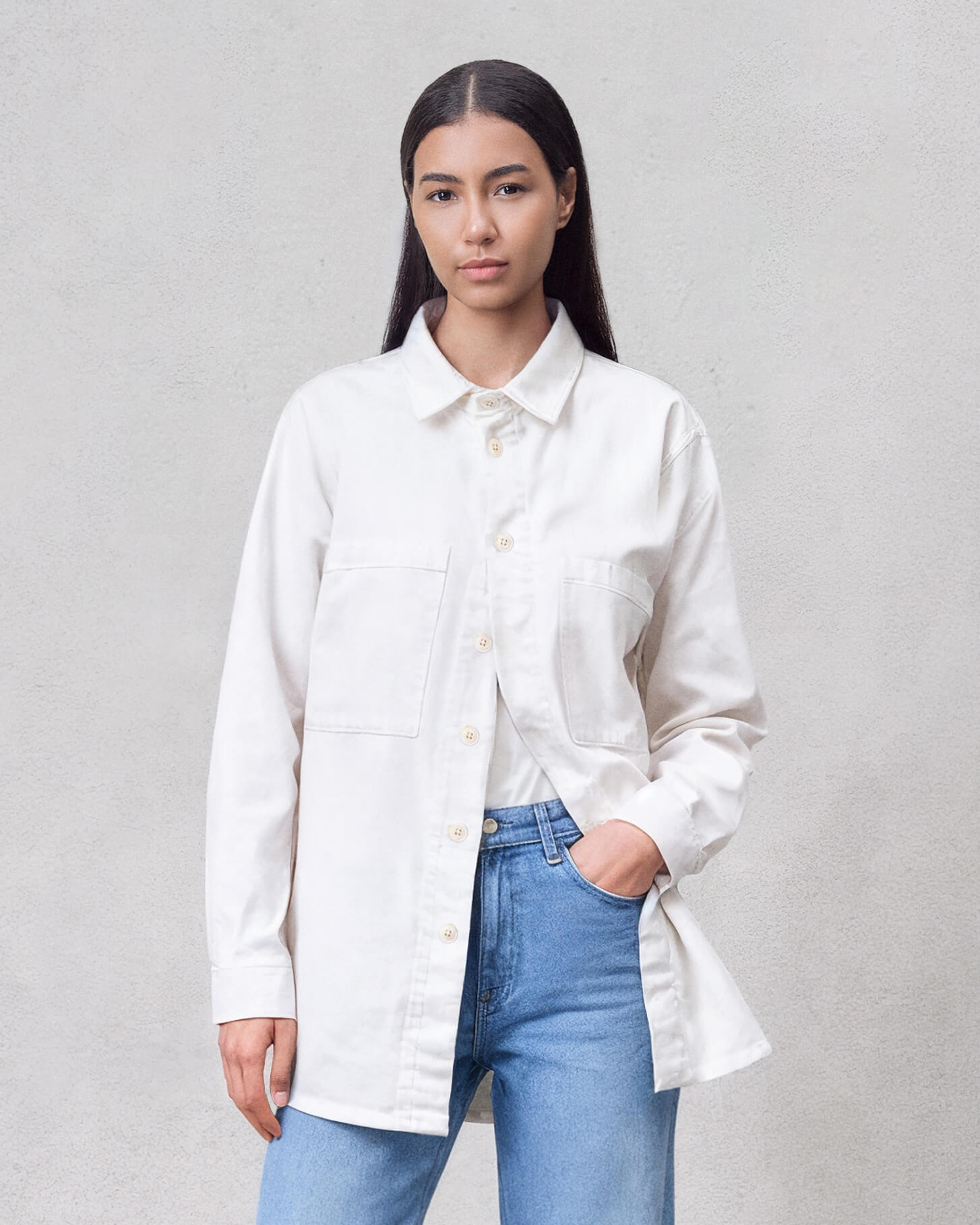 Elevate your style with the Luna Shacket in Parchment. This versatile piece combines the comfort of a shirt with the chic look of a jacket, perfect for any occasion.