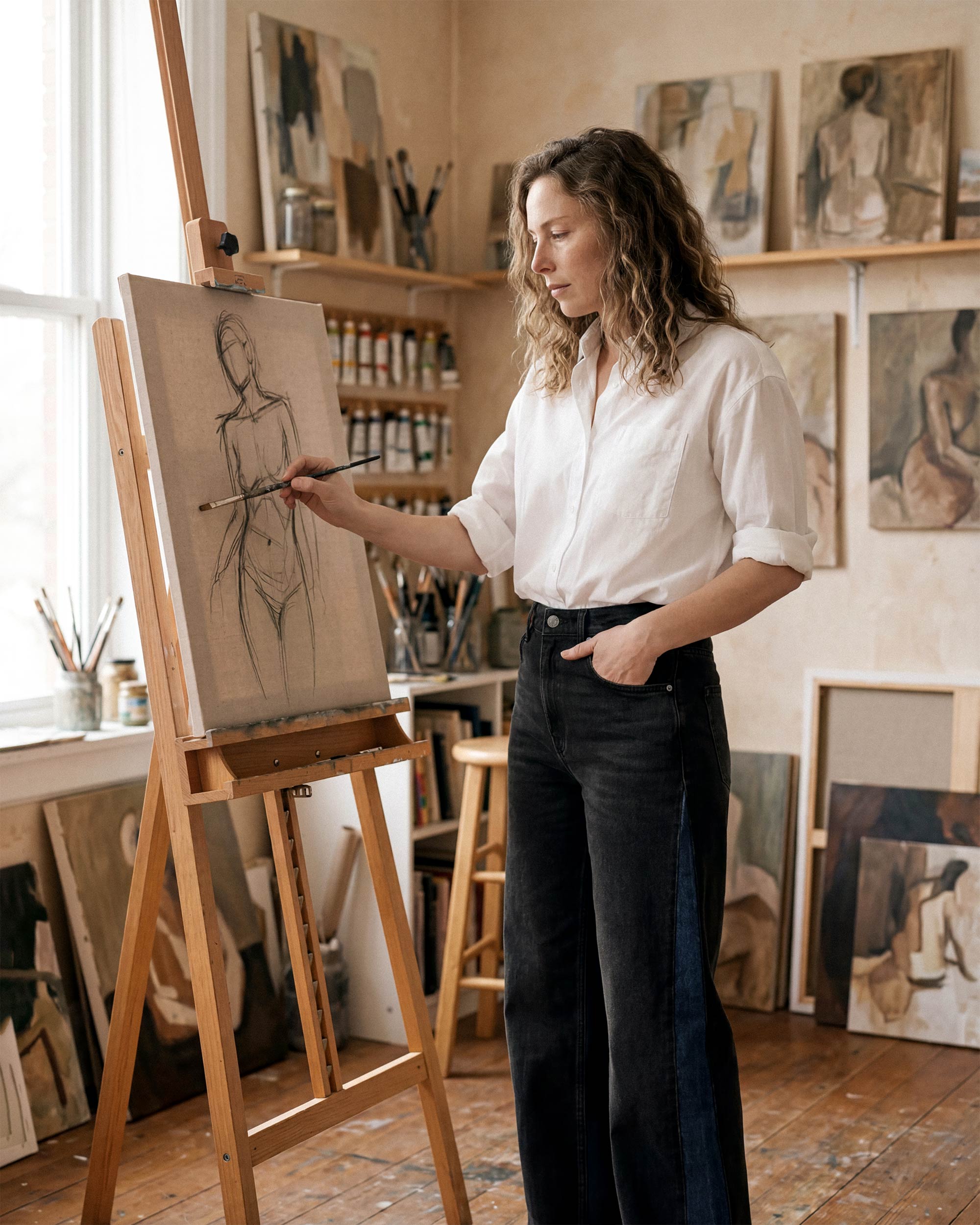 A design detail built into the construction. The dark indigo side panels run the full length of the outseam, giving the silhouette a defined edge from the front and the back.