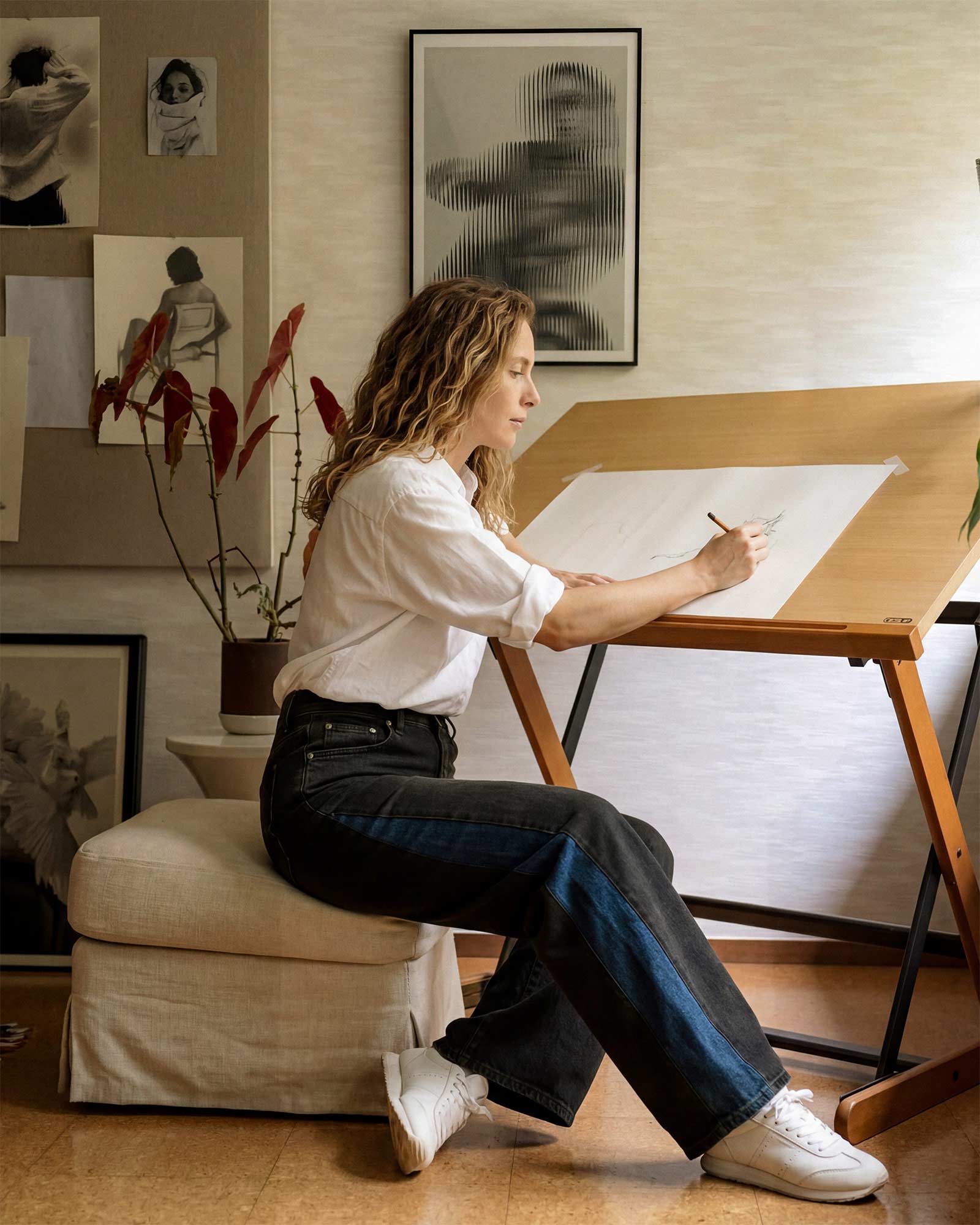 A design detail built into the construction. The dark indigo side panels run the full length of the outseam, giving the silhouette a defined edge from the front and the back.