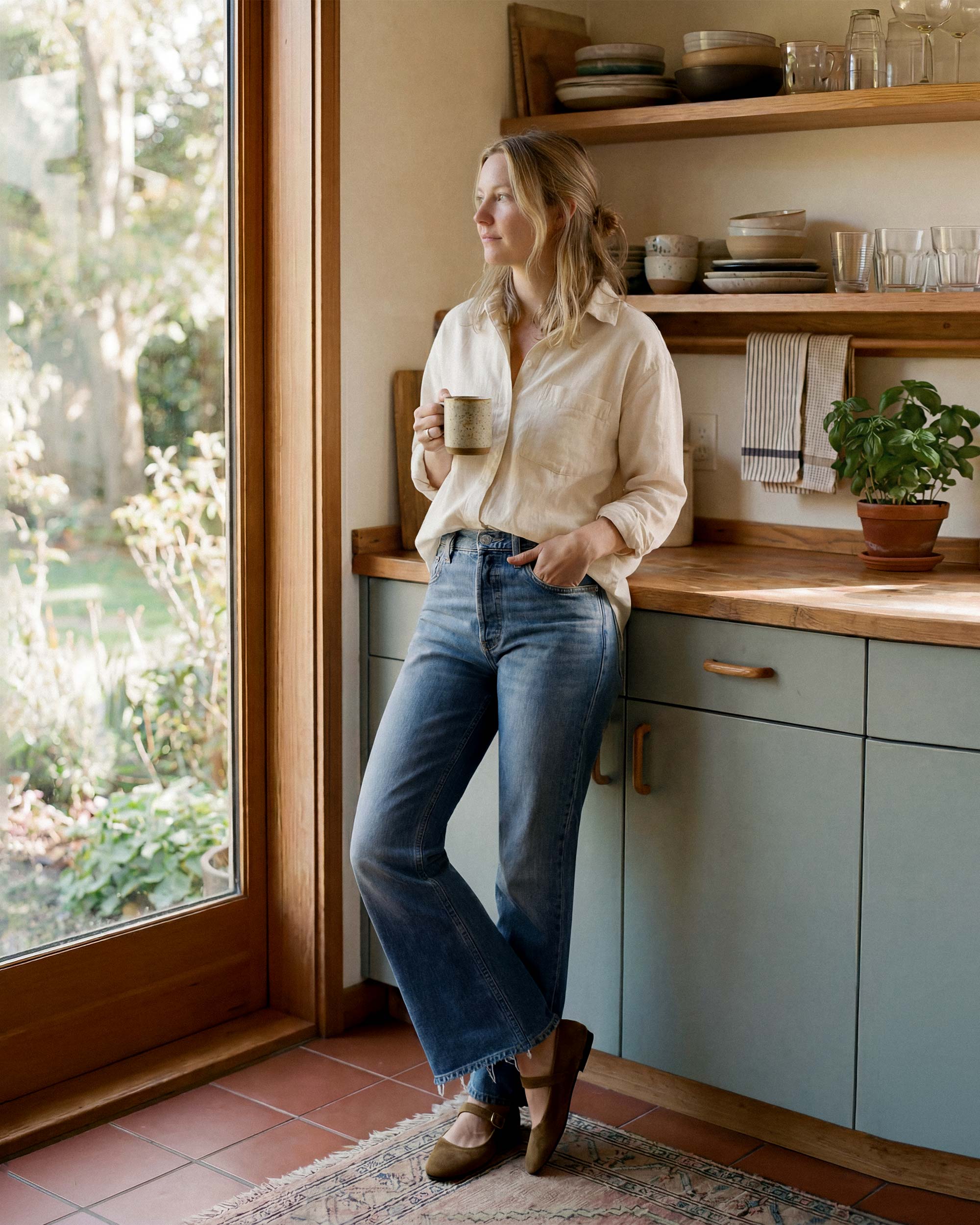 Marli Wide Leg Raw Hem High Rise in DUVAL. Crafted from regenerative cotton. Made in the USA, offering movement-friendly and beautifully tailored.