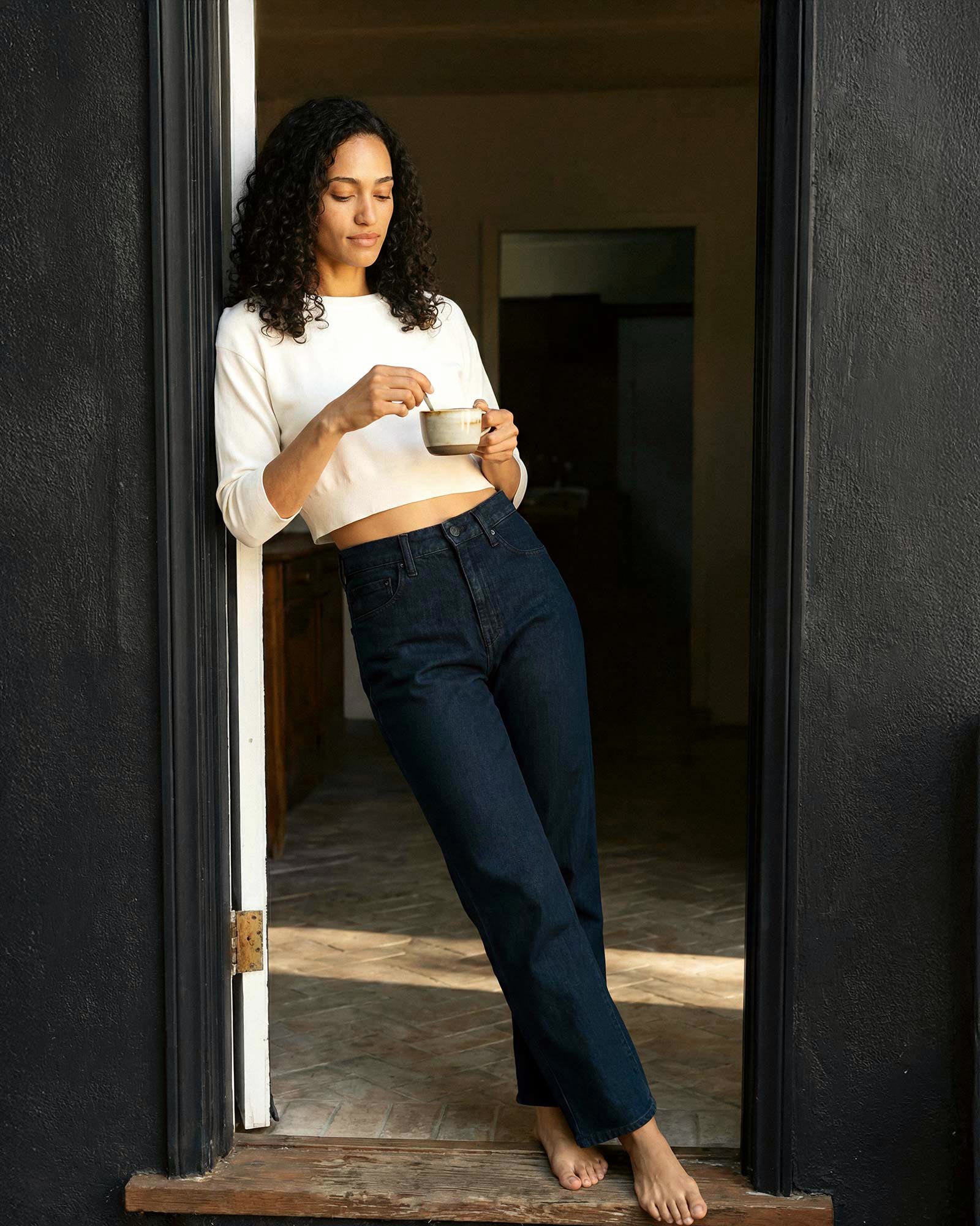 Marli Wide Leg High Rise in Sheldon. Built with regenerative cotton for conscious comfort. Responsibly made in Los Angeles, offering lasting comfort with a flattering fit.