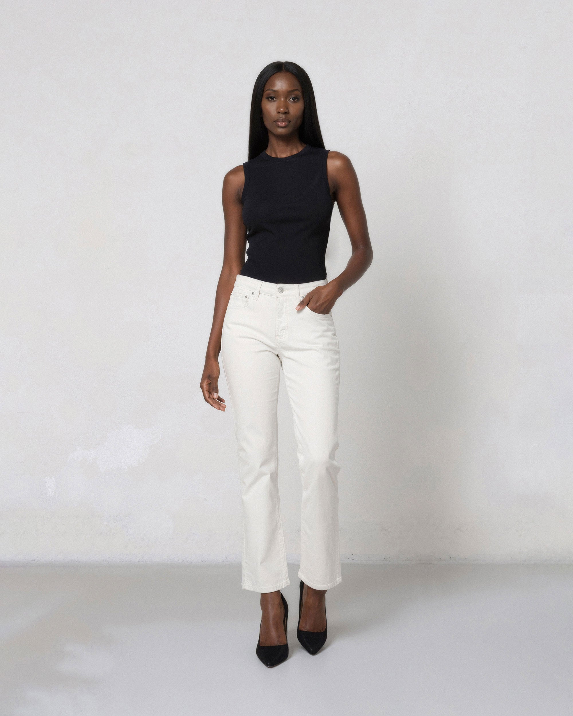 Shop EDWIN USA's Lark ankle bootcut jeans women in Milky White, featuring a flattering fit and premium quality denim made in the USA. Perfect for stylish comfort.