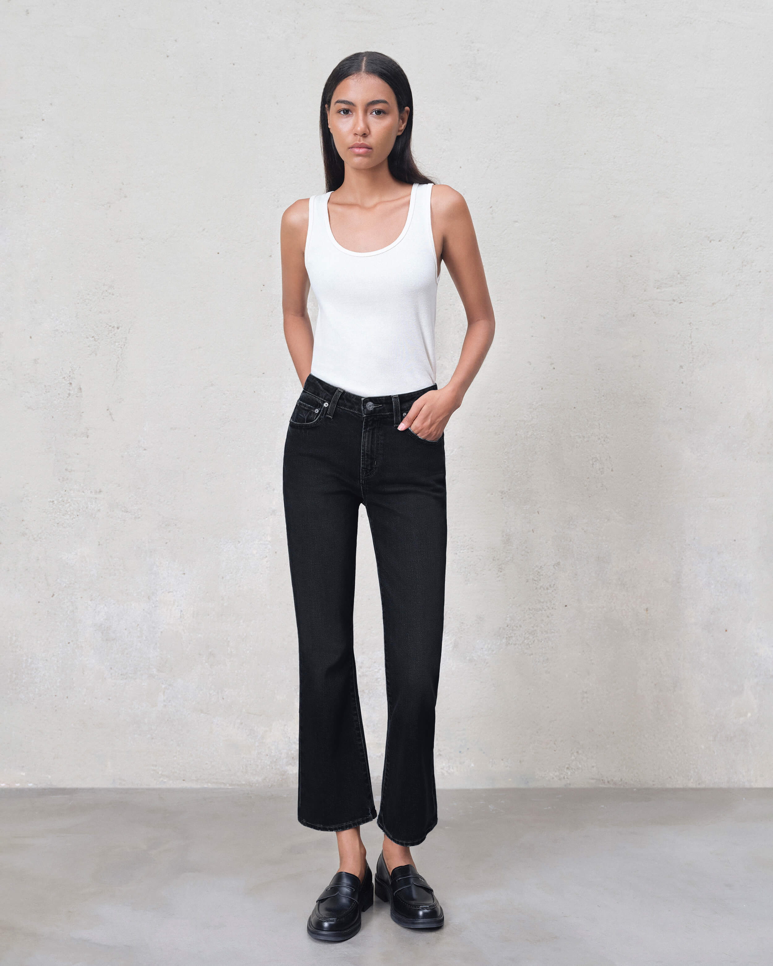 Discover the Edwin Lark Ankle Bootcut jeans in Onyx, featuring a classic mid-rise and a flattering fit that hugs your hips and thighs for effortless style.