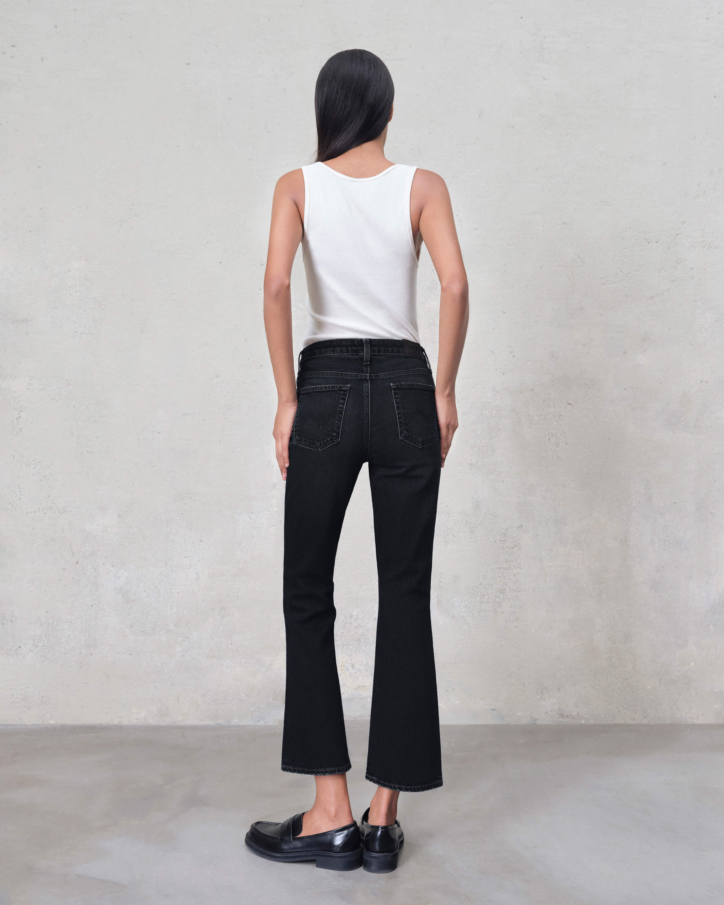 Discover the Edwin Lark Ankle Bootcut jeans in Onyx, featuring a classic mid-rise and a flattering fit that hugs your hips and thighs for effortless style.