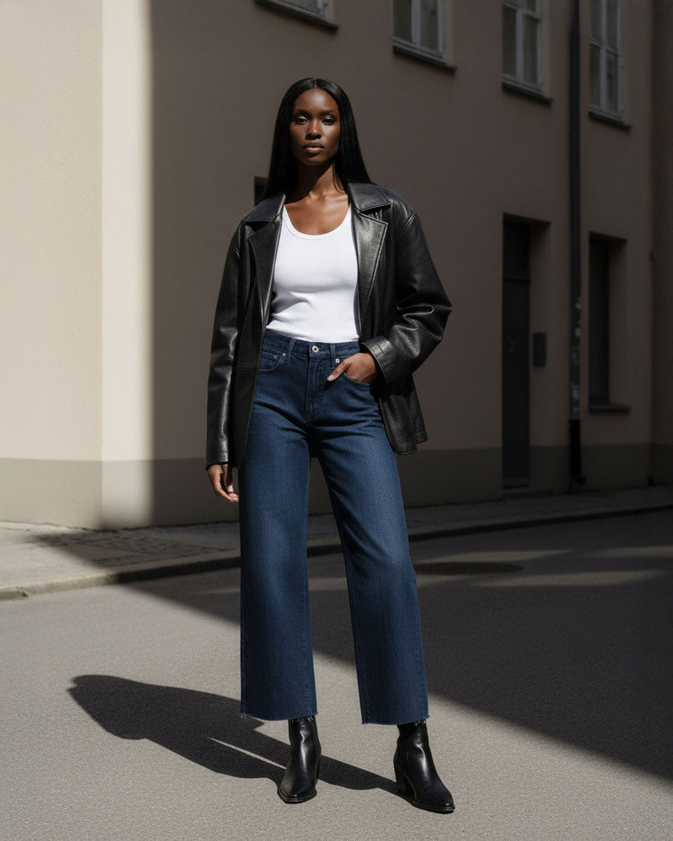 Marli Wide Leg Ankle With Raw Hem in Pebble, featuring a flattering high-rise fit that hugs your waist and hips, then flows into a stylish wide leg design.