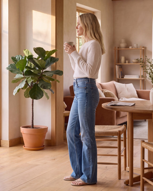 Women’s blue denim jeans with straight-leg fit and side pockets