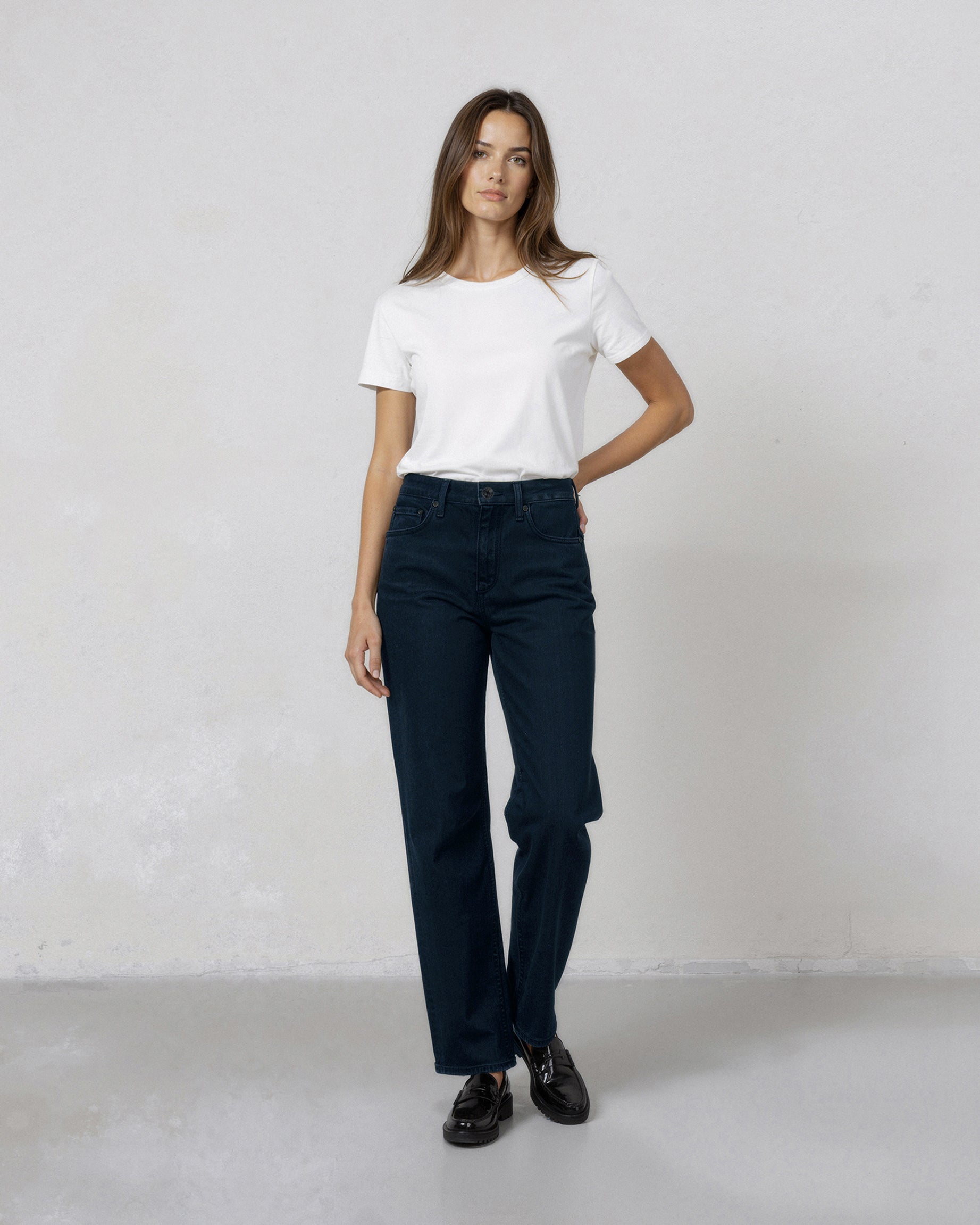 Marli Wide Leg High Rise in Sheldon. Built with regenerative cotton for conscious comfort. Responsibly made in Los Angeles, offering lasting comfort with a flattering fit.