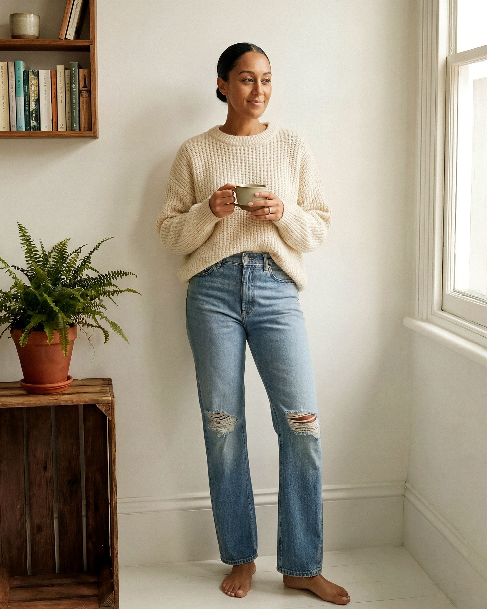 The TASH is a women's relaxed '90s jean with a straight leg. It's meant to be slung low on the hip for boyish attitude (or go down a size to sit at natural waist). In a light vintage indigo wash with holes at the knee.
