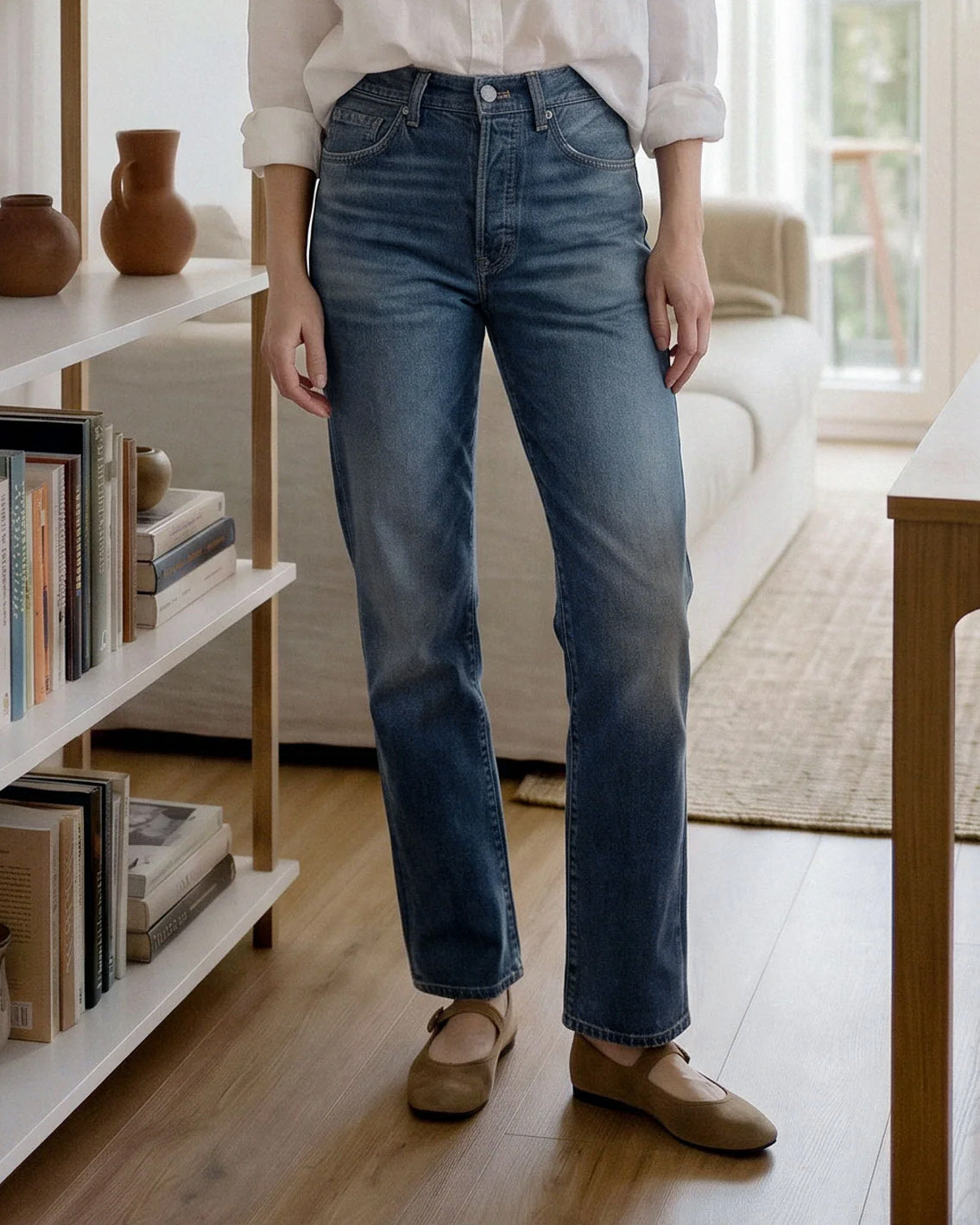 Coated boyfriend denim with a straighter, stovepipe-inspired leg line for a sleek, modern finish.