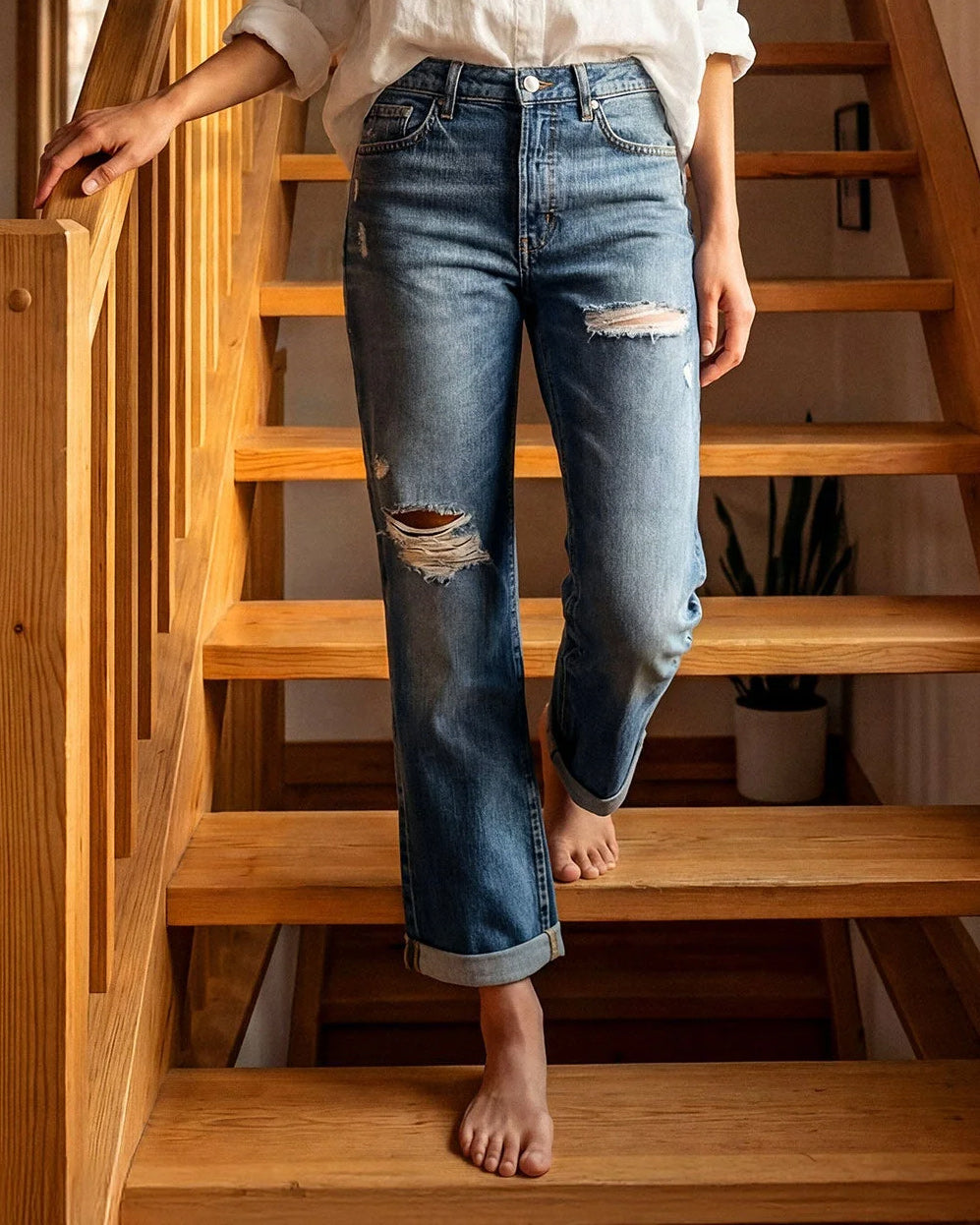 Relaxed boyfriend denim with a clean, stovepipe-inspired silhouett and easy through the hip with a straighter leg line.