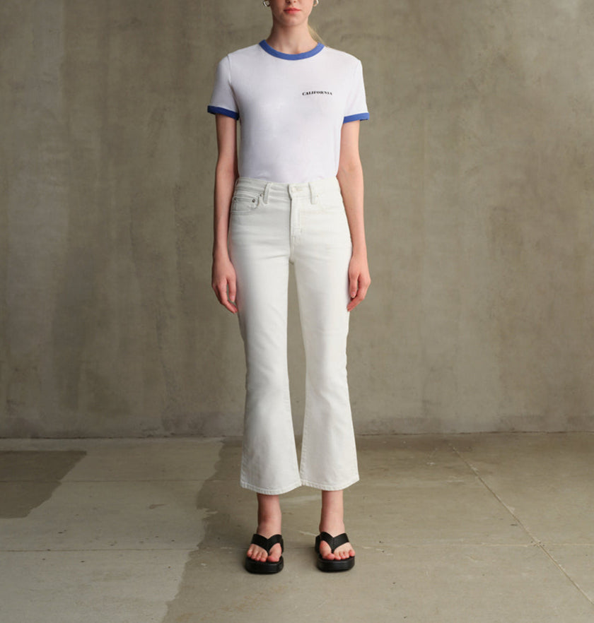 Shop EDWIN USA's Lark ankle bootcut jeans women in Milky White, featuring a flattering fit and premium quality denim made in the USA. Perfect for stylish comfort.