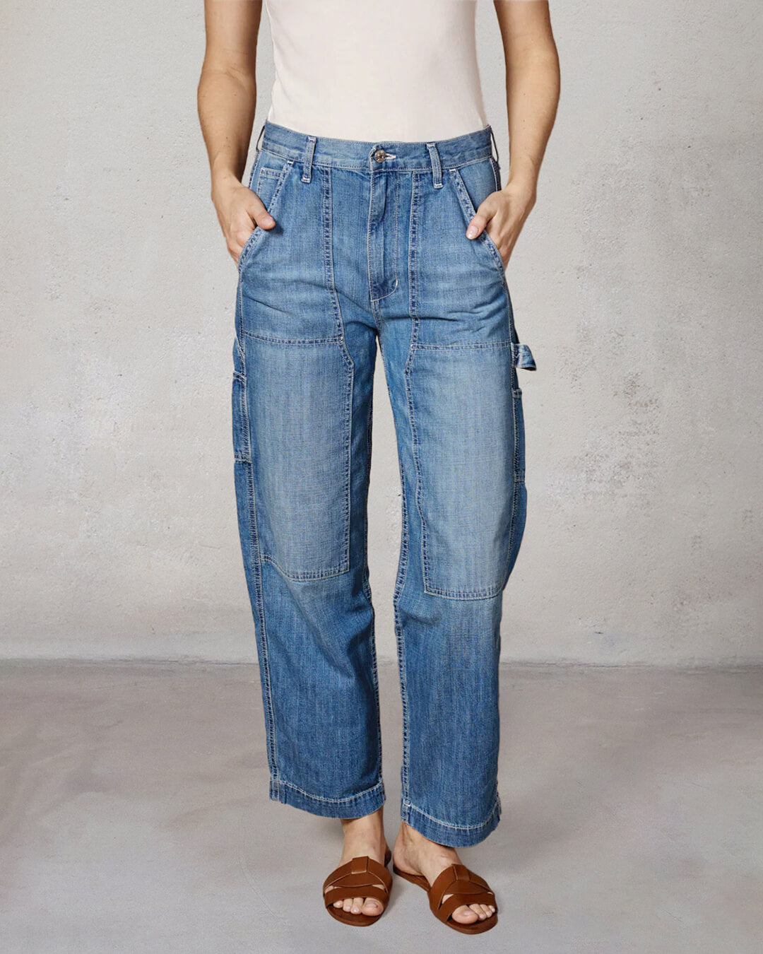 Shop the Bailee utility pant for women at EDWIN USA, featuring versatile denim with functional pockets and a relaxed fit for everyday style.