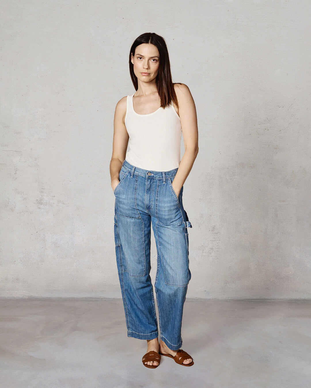 Shop the Bailee utility pant for women at EDWIN USA, featuring versatile denim with functional pockets and a relaxed fit for everyday style.