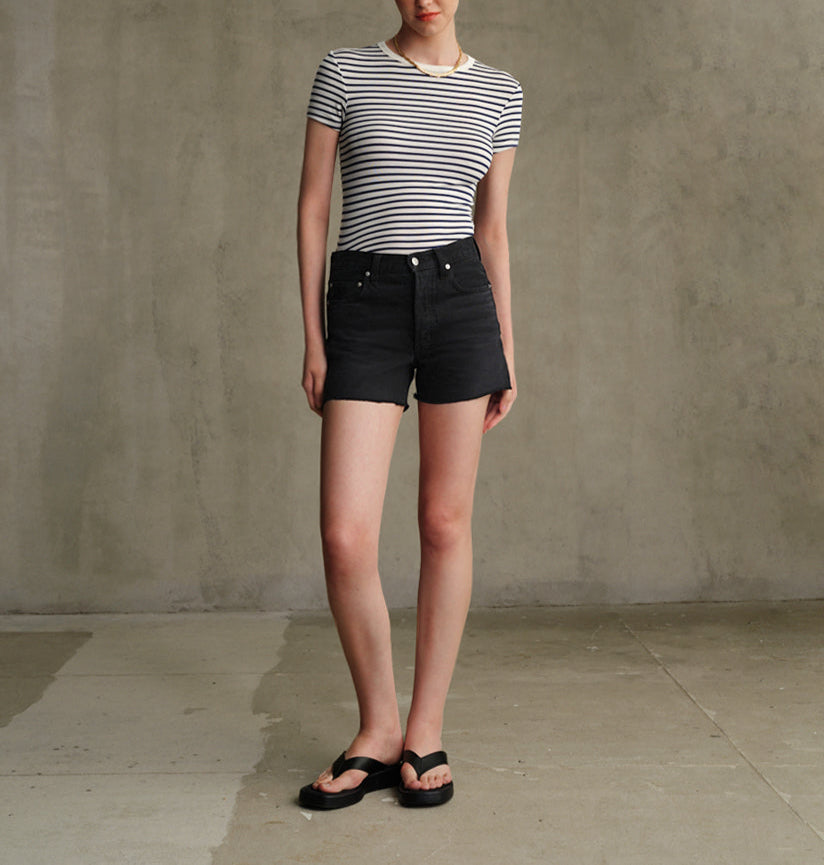 Shop EDWIN USA's Sawyer Boyfriend Short in Carbon Black, perfect women's black denim shorts offering a relaxed fit and premium quality for effortless style.