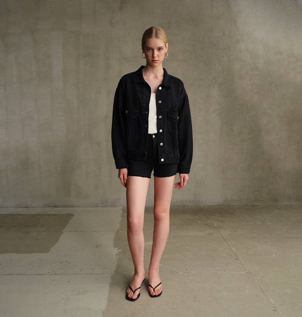 Shop EDWIN USA's Sawyer Boyfriend Short in Carbon Black, perfect women's black denim shorts offering a relaxed fit and premium quality for effortless style.